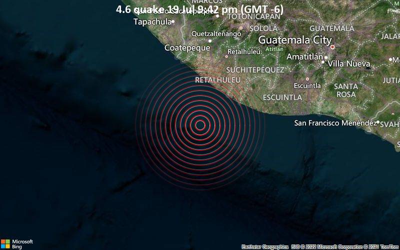 Moderates Erdbeben der Stärke 4.6 - Nordpazifik, 87 km südlich von Retalhuleu, Guatemala, am Dienstag, 19. Jul 2022 um 21:42 Lokalzeit