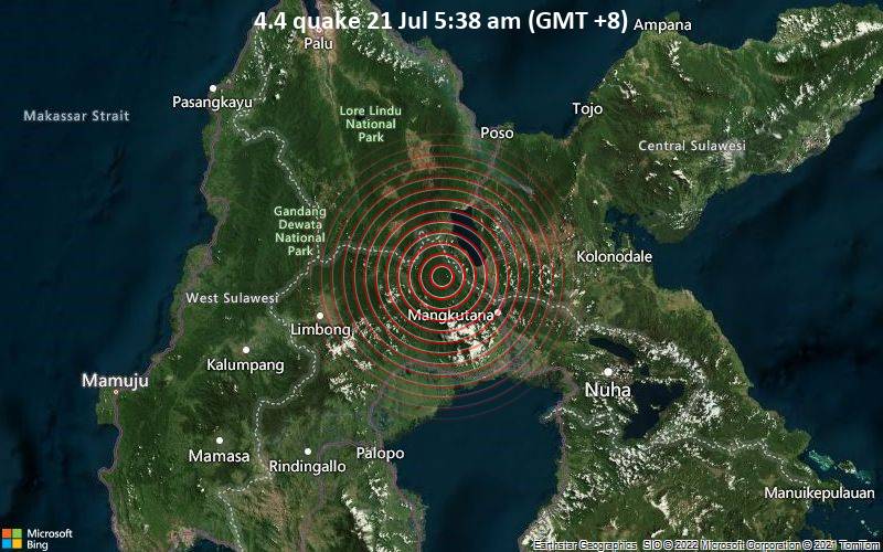 Moderates Erdbeben der Stärke 4.4 - 21 km östlich von Sulawesi , Indonesien, am Donnerstag, 21. Jul 2022 um 05:38 Lokalzeit