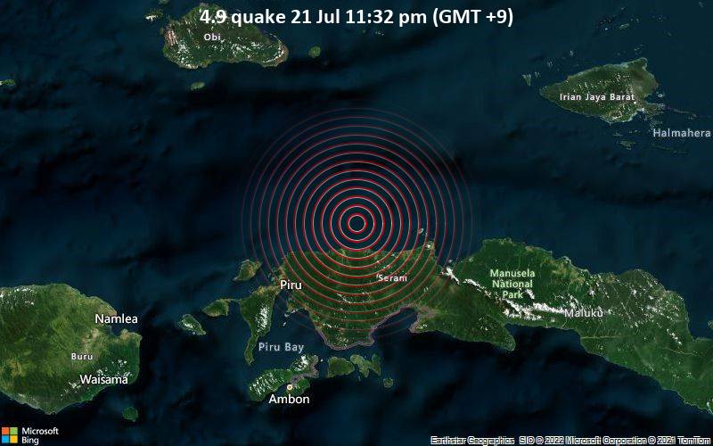 Moderates Erdbeben der Stärke 4.9 - Ceram Sea, 81 km nordwestlich von Amahai, Maluku, Indonesien, am Donnerstag, 21. Jul 2022 um 23:32 Lokalzeit