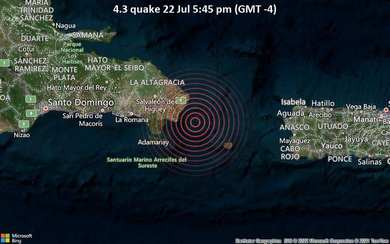 Leichtes Erdbeben der Stärke 4.3 - Caribbean Sea, 31 km südöstlich von Punta Cana, Dominikanische Republik, am Freitag, 22. Jul 2022 um 17:45 Lokalzeit