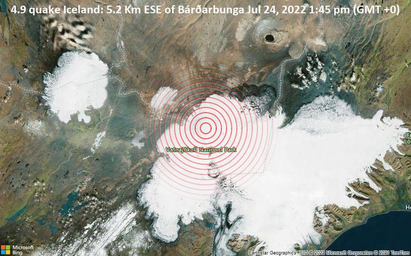 Moderates Erdbeben der Stärke 4.9 - Iceland: 5.2 Km ESE of Bárðarbunga, am Sonntag, 24. Jul 2022 um 13:45 Lokalzeit