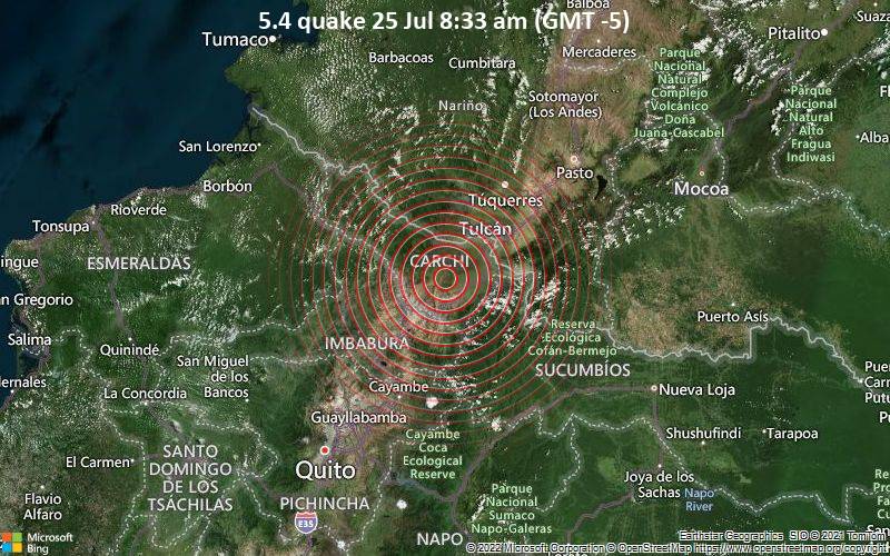 Starkes Beben der Stärke 5.4 - 30 km südwestlich von Tulcán, Canton Tulcan, Provincia del Carchi, Ecuador, am Montag, 25. Jul 2022 um 08:33 Lokalzeit