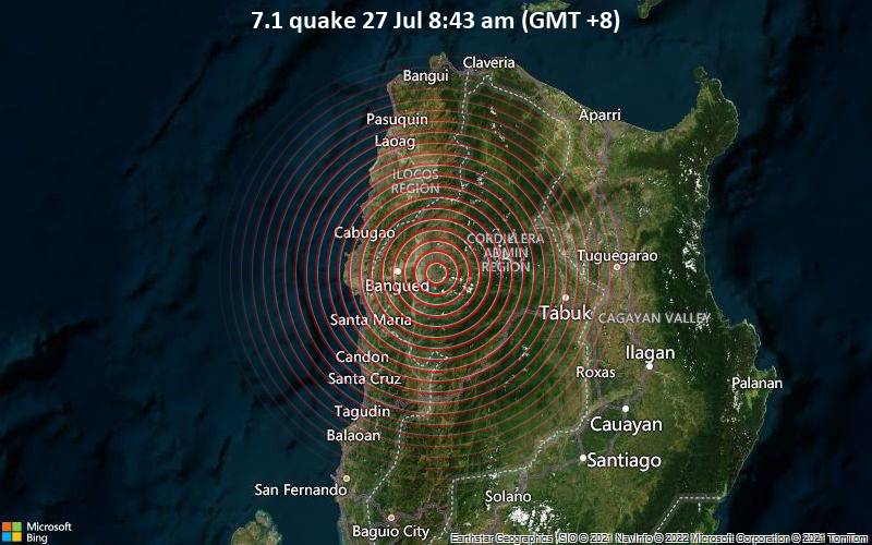 Schweres Erdbeben der Stärke 7.1 - Cordillera, 45 km östlich von Vigan City, Philippinen, am Mittwoch, 27. Jul 2022 um 08:43 Lokalzeit