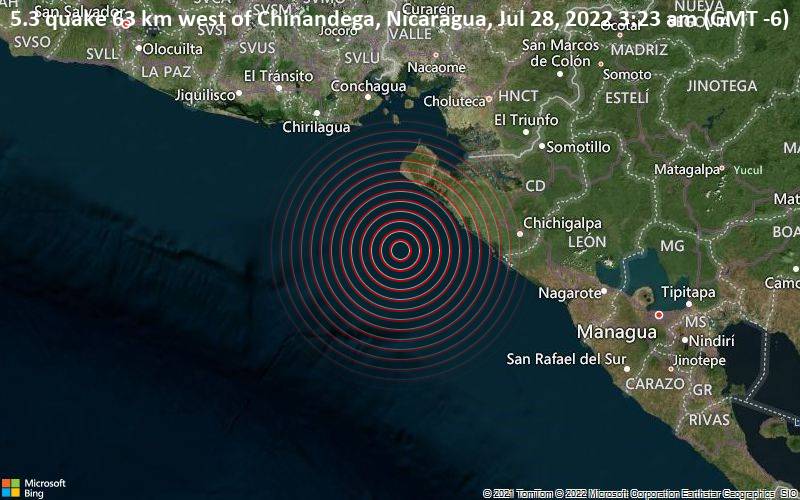 5.3 quake 63 km west of Chinandega, Nicaragua, Jul 28, 2022 3:23 am (GMT -6)