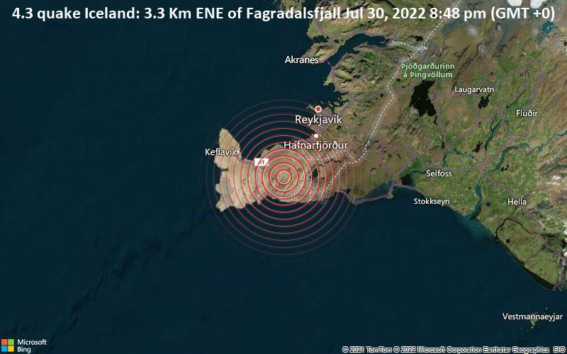 4.3 quake Iceland: 3.3 Km ENE of Fagradalsfjall Jul 30, 2022 8:48 pm (GMT +0)