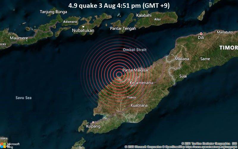 Leichtes Erdbeben der Stärke 4.9 - Savu Sea, 49 km westlich von Kefamenanu, Indonesien, am Mittwoch,  3. Aug 2022 um 16:51 Lokalzeit