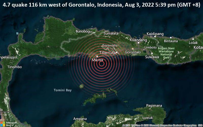 4.7 quake 116 km west of Gorontalo, Indonesia, Aug 3, 2022 5:39 pm (GMT +8)