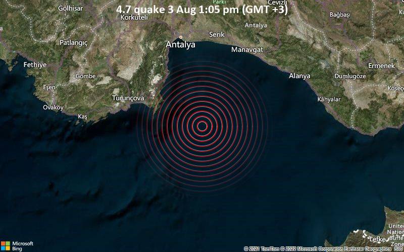 Leichtes Erdbeben der Stärke 4.7 - Östliches Mittelmeer, 91 km südlich von Antalya, Türkei, am Mittwoch,  3. Aug 2022 um 13:05 Lokalzeit