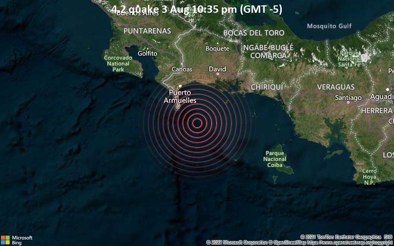 Moderates Erdbeben der Stärke 4.2 - Nordpazifik, 66 km südwestlich von David, Provincia de Chiriqui, Panama, am Mittwoch,  3. Aug 2022 um 22:35 Lokalzeit