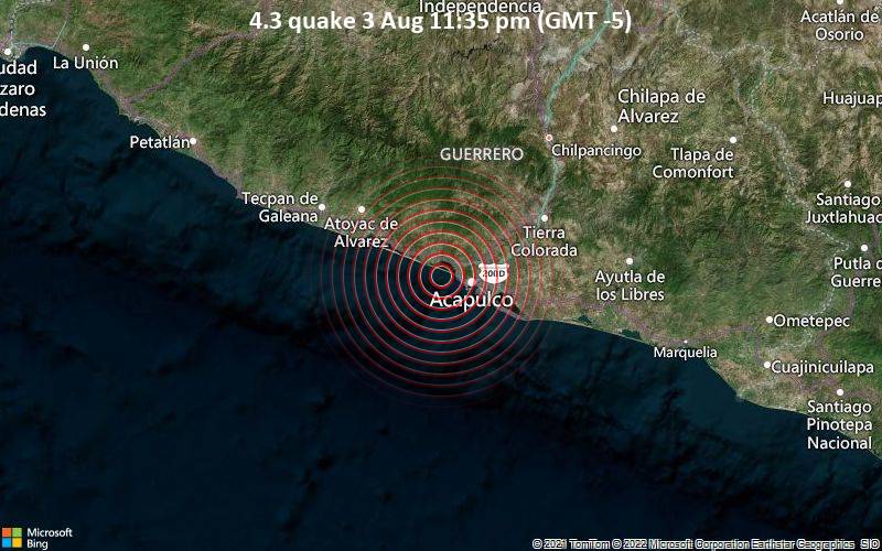 Moderates Erdbeben der Stärke 4.3 - Nordpazifik, 15 km westlich von Acapulco, Guerrero, Mexiko, am Mittwoch,  3. Aug 2022 um 23:35 Lokalzeit