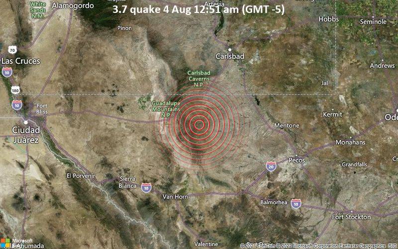 Moderates Erdbeben der Stärke 3.7 - Texas, 85 km südlich von Carlsbad, Eddy County, New Mexico, USA, am Donnerstag,  4. Aug 2022 um 00:51 Lokalzeit