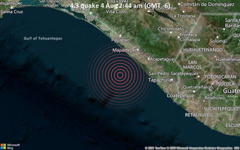 Leichtes Erdbeben der Stärke 4.3 - Nordpazifik, 59 km südwestlich von Mapastepec, Chiapas, Mexiko, am Donnerstag,  4. Aug 2022 um 02:44 Lokalzeit