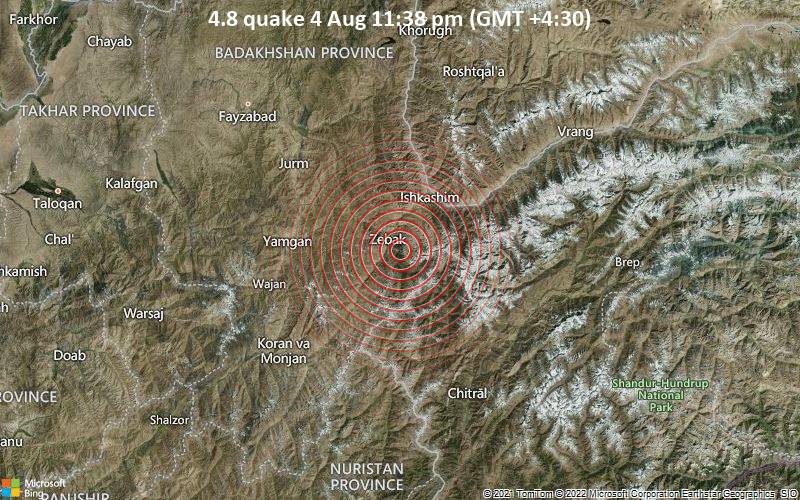 Leichtes Erdbeben der Stärke 4.8 - Badakhshan, Afghanistan, 33 km südwestlich von Ishqoshim, Tadschikistan, am Donnerstag,  4. Aug 2022 um 23:38 Lokalzeit