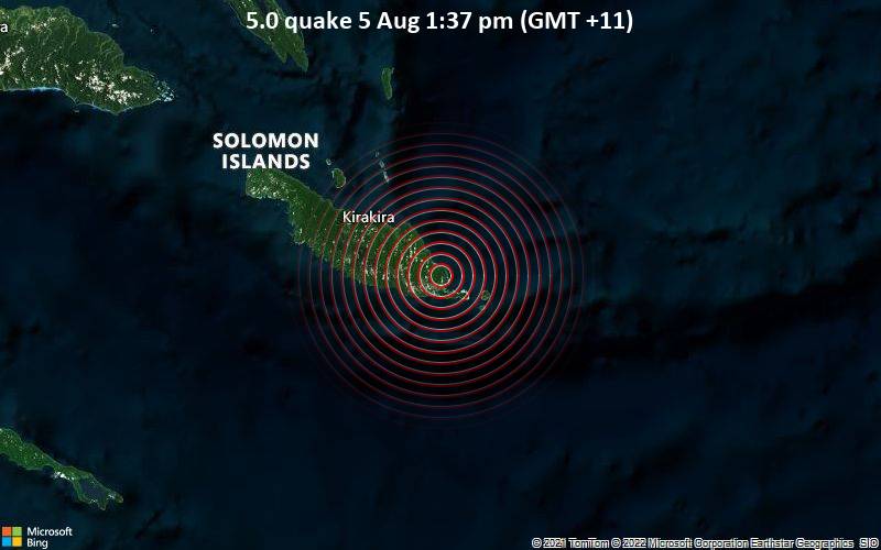 Moderates Erdbeben der Stärke 5.0 - 46 km südöstlich von Kirakira, Nakumwe, Makira-Ulawa Province, Salomonen, am Freitag,  5. Aug 2022 um 13:37 Lokalzeit
