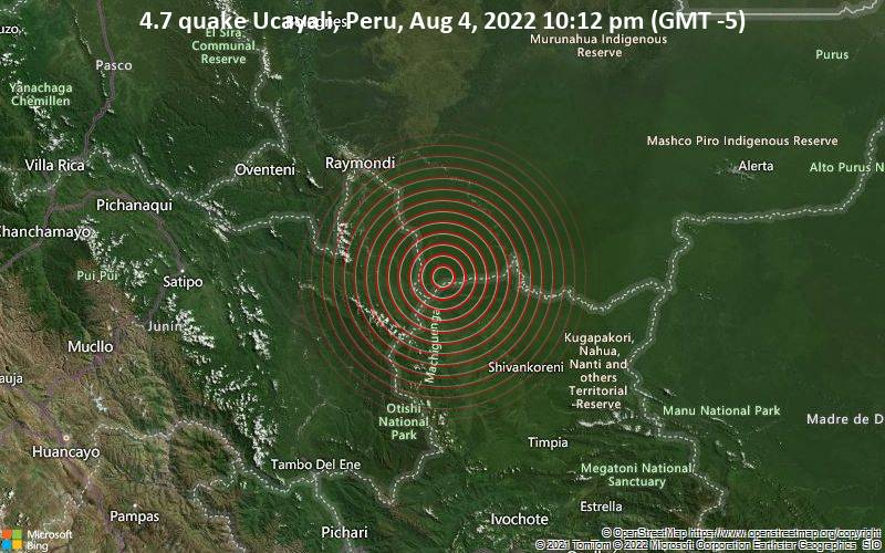 Moderates Erdbeben der Stärke 4.7 - Ucayali, Peru, am Donnerstag,  4. Aug 2022 um 22:12 Lokalzeit