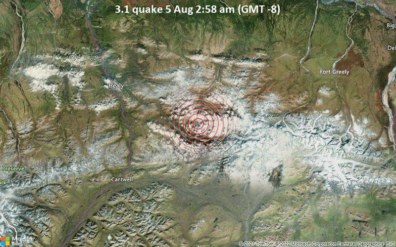 Sehr schwaches Beben Stärke 3.1 - 49 km südöstlich von Healy, Denali, Alaska, USA, am Freitag,  5. Aug 2022 um 02:58 Lokalzeit