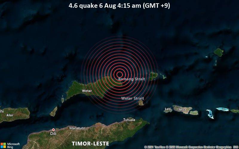 Moderates Erdbeben der Stärke 4.6 - Banda Sea, Timor-Leste, 272 km nordöstlich von Atambua, Indonesien, am Samstag,  6. Aug 2022 um 04:15 Lokalzeit
