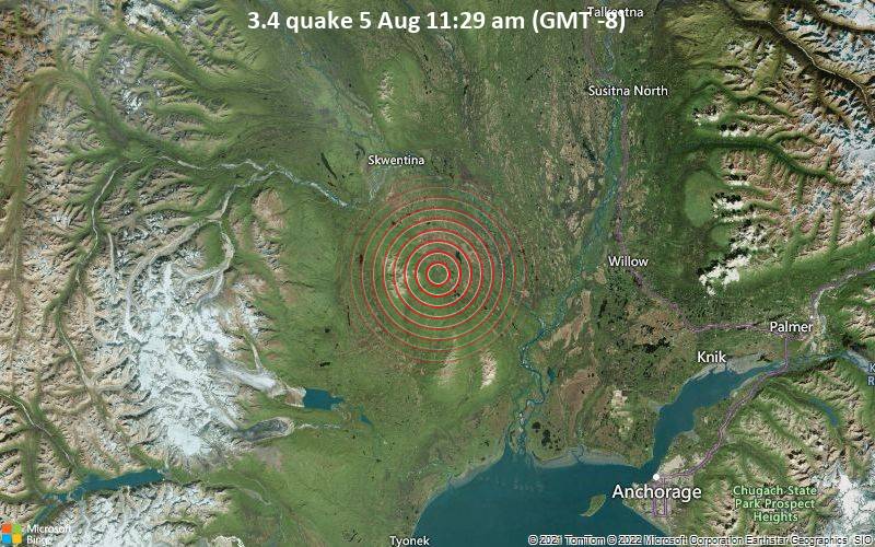 Schwaches Erdbeben Stärke 3.4 - 80 km nordwestlich von Alaska City, Anchorage, Alaska, USA, am Freitag,  5. Aug 2022 um 11:29 Lokalzeit