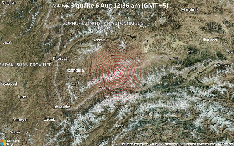 Leichtes Erdbeben der Stärke 4.3 - Afghanistan, 98 km östlich von Khorugh, Gorno-Badakhshan, Tadschikistan, am Samstag,  6. Aug 2022 um 00:36 Lokalzeit