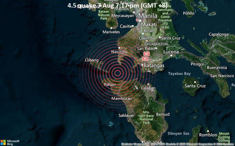Leichtes Erdbeben der Stärke 4.5 - South China Sea, 38 km südlich von Balayan, Batangas, Calabarzon, Philippinen, am Sonntag,  7. Aug 2022 um 19:17 Lokalzeit