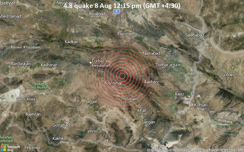 Moderates Erdbeben der Stärke 4.8 - 55 km östlich von Torbat-e Ḩeydarīyeh, Razavi-Chorasan, Iran, am Montag,  8. Aug 2022 um 12:15 Lokalzeit