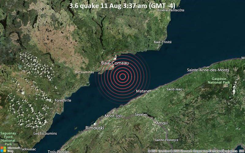 Leichtes Erdbeben der Stärke 3.6 - 24 km südlich von Baie-Comeau, Côte-Nord, Quebec, Kanada, am Donnerstag, 11. Aug 2022 um 03:37 Lokalzeit