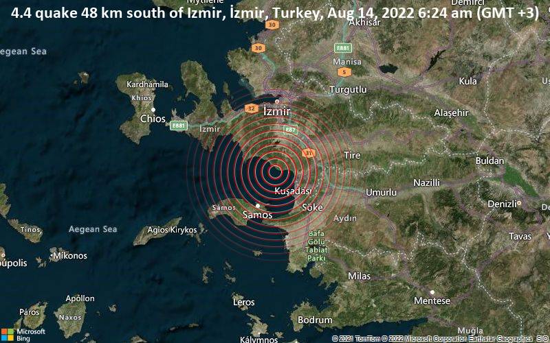4.4 quake 48 km south of Izmir, İzmir, Turkey, Aug 14, 2022 6:24 am (GMT +3)
