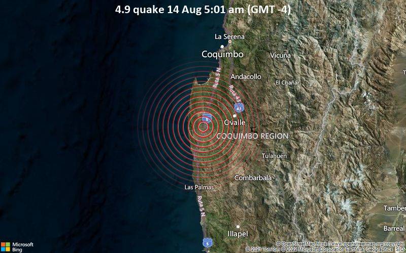 Moderates Erdbeben der Stärke 4.9 - 35 km westlich von Ovalle, Provincia de Limari, Coquimbo Region, Chile, am Sonntag, 14. Aug 2022 um 05:01 Lokalzeit