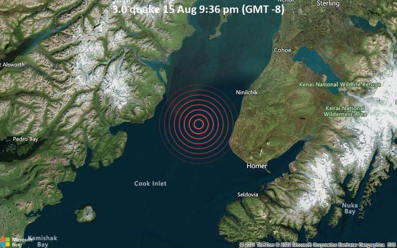 Sehr schwaches Beben Stärke 3.0 - 24 km nordwestlich von Anchor Point, Kenai Peninsula, Alaska, USA, am Montag, 15. Aug 2022 um 21:36 Lokalzeit