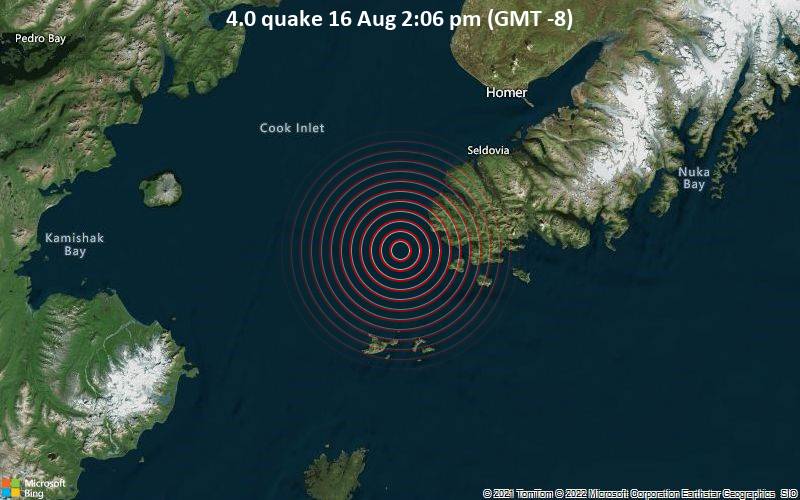 Leichtes Erdbeben der Stärke 4.0 - 60 km südwestlich von Homer, Kenai Peninsula, Alaska, USA, am Dienstag, 16. Aug 2022 um 14:06 Lokalzeit