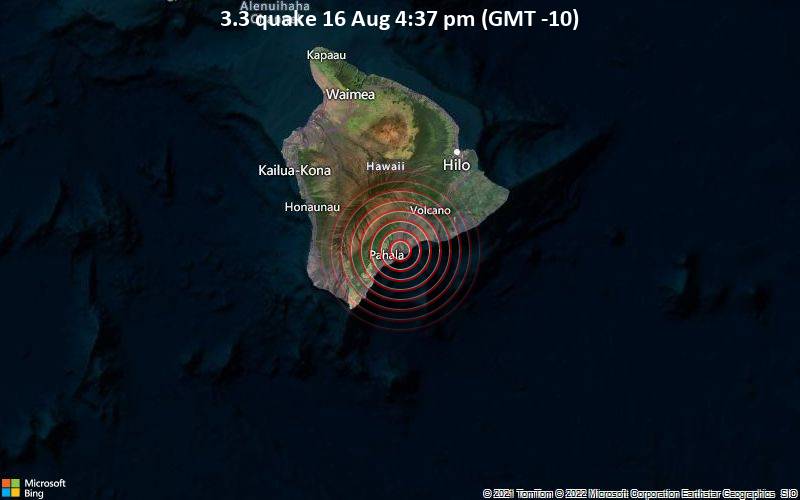 Schwaches Erdbeben Stärke 3.3 - 45 km südöstlich von Hawaii , USA, am Dienstag, 16. Aug 2022 um 16:37 Lokalzeit