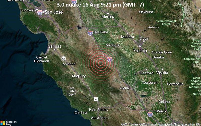 Schwaches Erdbeben Stärke 3.0 - 43 km nordwestlich von Coalinga, Fresno County, Kalifornien, USA, am Dienstag, 16. Aug 2022 um 21:21 Lokalzeit
