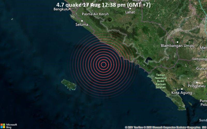 Moderates Erdbeben der Stärke 4.7 - Indischer Ozean, 152 km südöstlich von Bengkulu, Indonesien, am Mittwoch, 17. Aug 2022 um 12:38 Lokalzeit