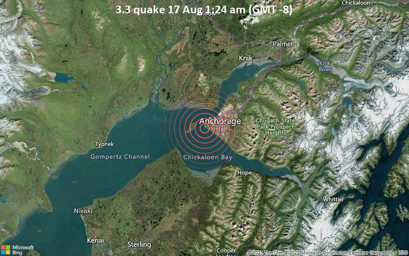 Schwaches Erdbeben Stärke 3.3 - 12 km südwestlich von Alaska City, Anchorage, Alaska, USA, am Mittwoch, 17. Aug 2022 um 01:24 Lokalzeit