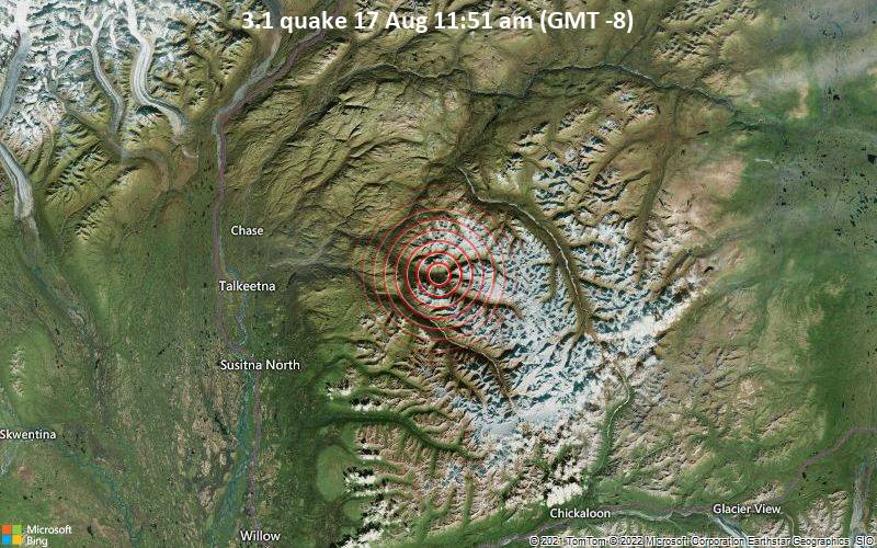 Leichtes Erdbeben der Stärke 3.1 - 42 km nordöstlich von Susitna North, Matanuska-Susitna, Alaska, USA, am Mittwoch, 17. Aug 2022 um 11:51 Lokalzeit