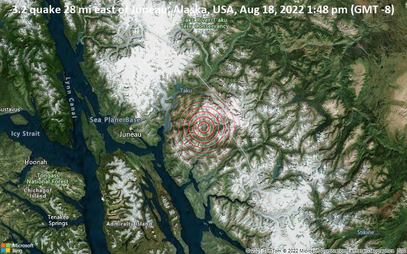 3.2 quake 28 mi east of Juneau, Alaska, USA, Aug 18, 2022 1:48 pm (GMT -8)
