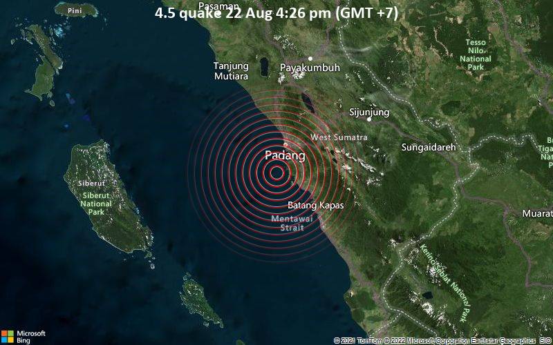 Leichtes Erdbeben der Stärke 4.5 - Indischer Ozean, 26 km südlich von Padang, Sumatera Barat, Indonesien, am Montag, 22. Aug 2022 um 16:26 Lokalzeit