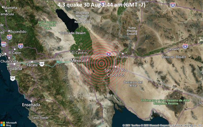 Moderates Erdbeben der Stärke 4.3 - 36 km östlich von Mexicali, Baja California, Mexiko, am Dienstag, 30. Aug 2022 um 01:44 Lokalzeit
