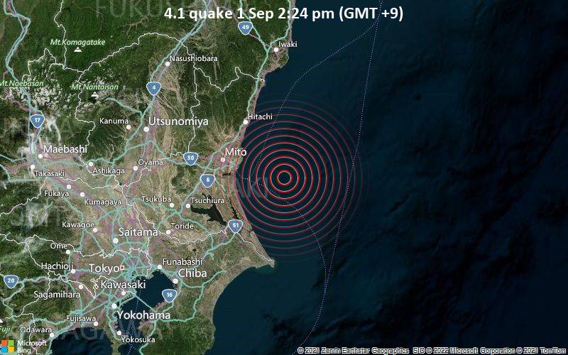 Terremoto de magnitud moderada 4.1 46 km al sureste de Mito, Japón