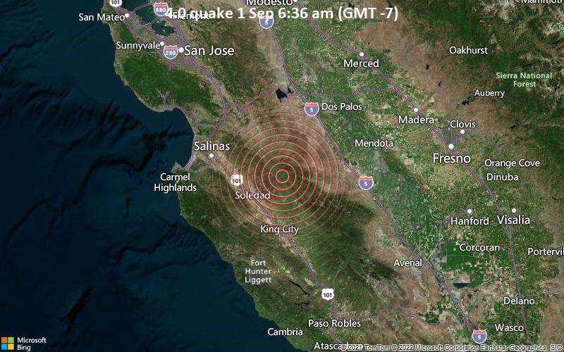Moderates Erdbeben der Stärke 4.0 - 24 km nordöstlich von Soledad, Monterey County, Kalifornien, USA, am Donnerstag,  1. Sep 2022 um 06:36 Lokalzeit