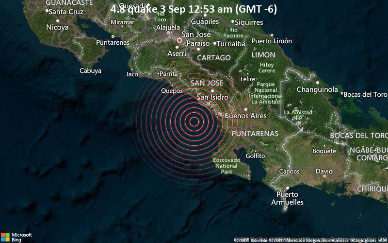 Moderates Erdbeben der Stärke 4.8 - Nordpazifik, 45 km südwestlich von San Isidro, Costa Rica, am Samstag,  3. Sep 2022 um 00:53 Lokalzeit