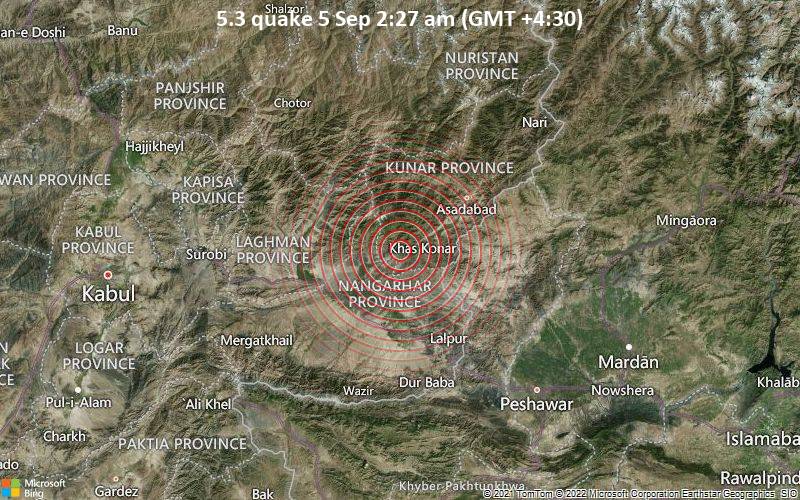 Starkes Beben der Stärke 5.3 - Kunar, 38 km nordöstlich von Dschalalabad, Jalalabad, Nangarhar, Afghanistan, am Montag,  5. Sep 2022 um 02:57 Lokalzeit