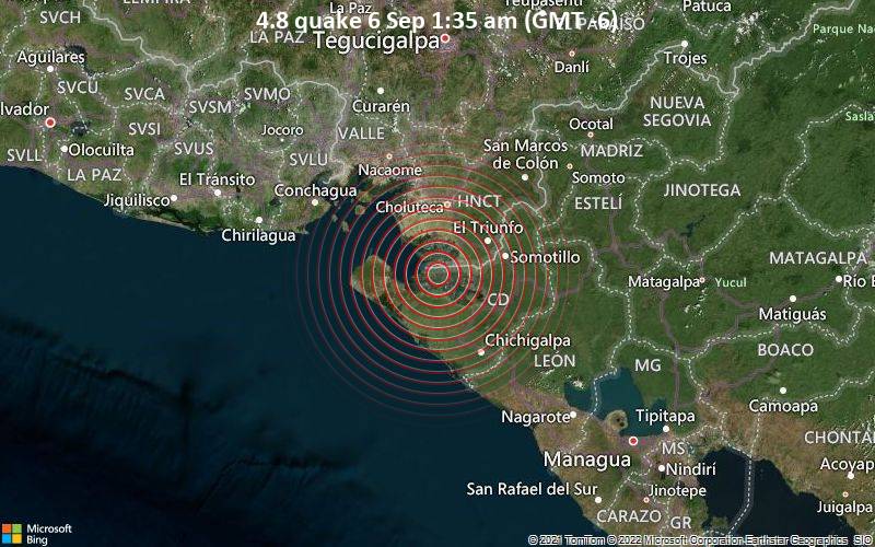 Moderates Erdbeben der Stärke 4.8 - 39 km nördlich von Chinandega, Nicaragua, am Dienstag,  6. Sep 2022 um 01:35 Lokalzeit