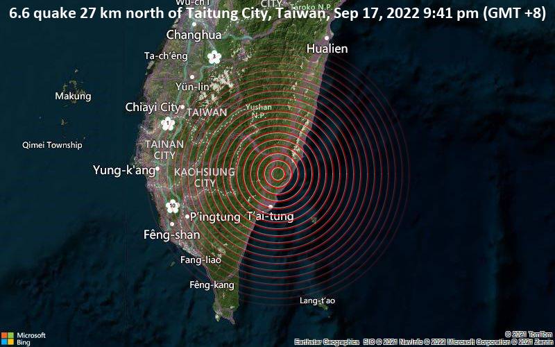 6.6 quake 27 km north of Taitung City, Taiwan, Sep 17, 2022 9:41 pm (GMT +8)
