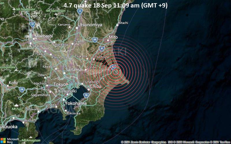 Moderates Erdbeben der Stärke 4.7 - 10.1 km südlich von Kashima-shi, Präfektur Ibaraki, Japan, am Sonntag, 18. Sep 2022 um 11:09 Lokalzeit