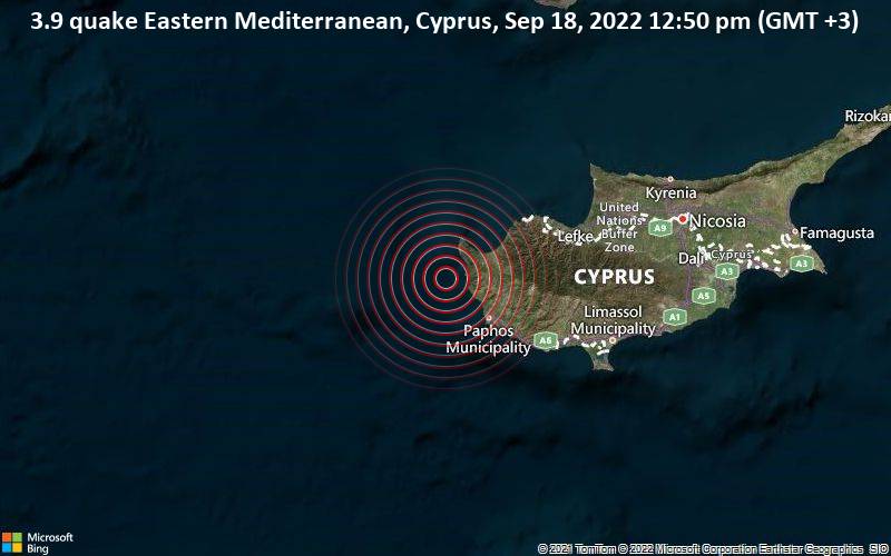 3.9 quake Eastern Mediterranean, Cyprus, Sep 18, 2022 12:50 pm (GMT +3)