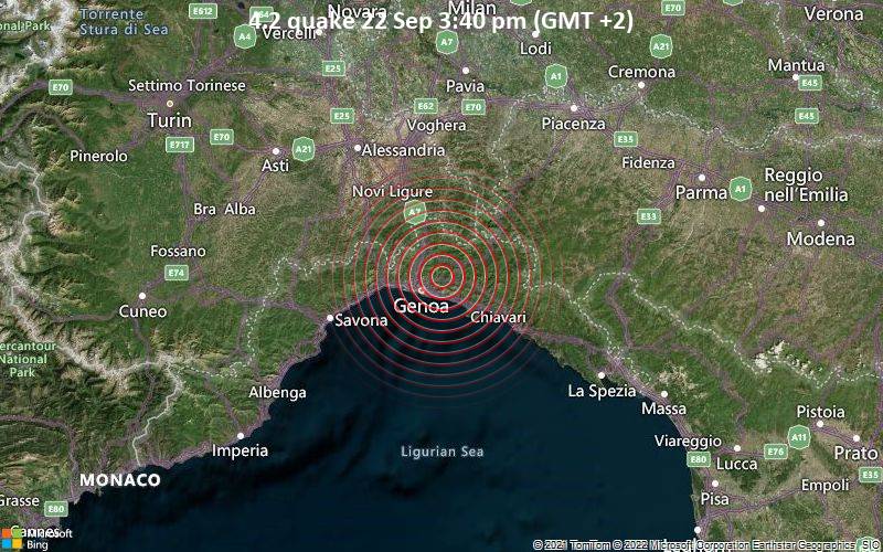 Moderates Erdbeben der Stärke 4.2 - 9.2 km nordöstlich von Genua, Genoa, Ligurien, Italien, am Donnerstag, 22. Sep 2022 um 15:40 Lokalzeit