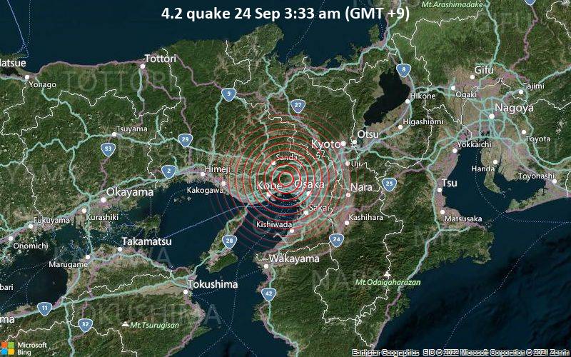 Moderates Erdbeben der Stärke 4.2 - 3.4 km westlich von Takarazuka, Präfektur Hyōgo, Japan, am Samstag, 24. Sep 2022 um 03:33 Lokalzeit