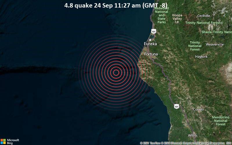 Moderates Erdbeben der Stärke 4.8 - Nordpazifik, 76 km südwestlich von Eureka, Humboldt County, Kalifornien, USA, am Samstag, 24. Sep 2022 um 11:27 Lokalzeit