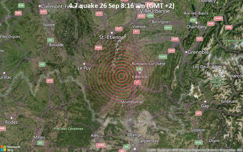 Moderates Erdbeben der Stärke 4.7 - 28 km westlich von Valencia, Drôme, Auvergne-Rhône-Alpes, Frankreich, am Montag, 26. Sep 2022 um 08:16 Lokalzeit